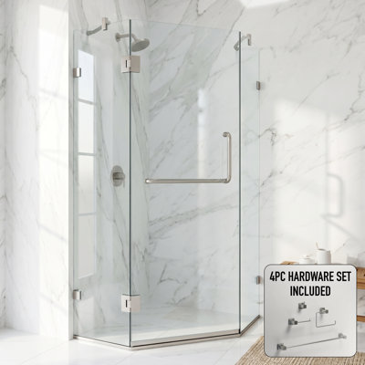 Piedmont 38 in. L x 38 in. W x 73 in. H Frameless Hinged Neo-angle Shower Enclosure and Meridian 4-Piece Bath Hardware Set in Brushed Nickel
