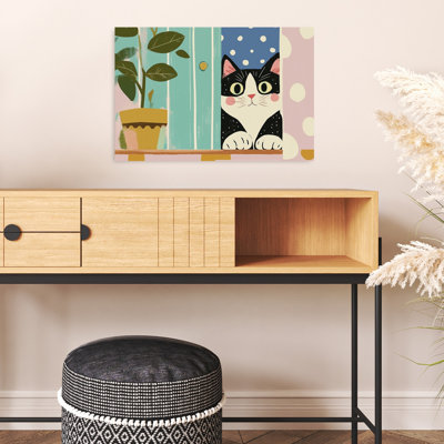 Curious Cat Peeking Playful Whimsical Contemporary Cat Plant Wall Art Print by Mathieu - Wrapped Canvas Print