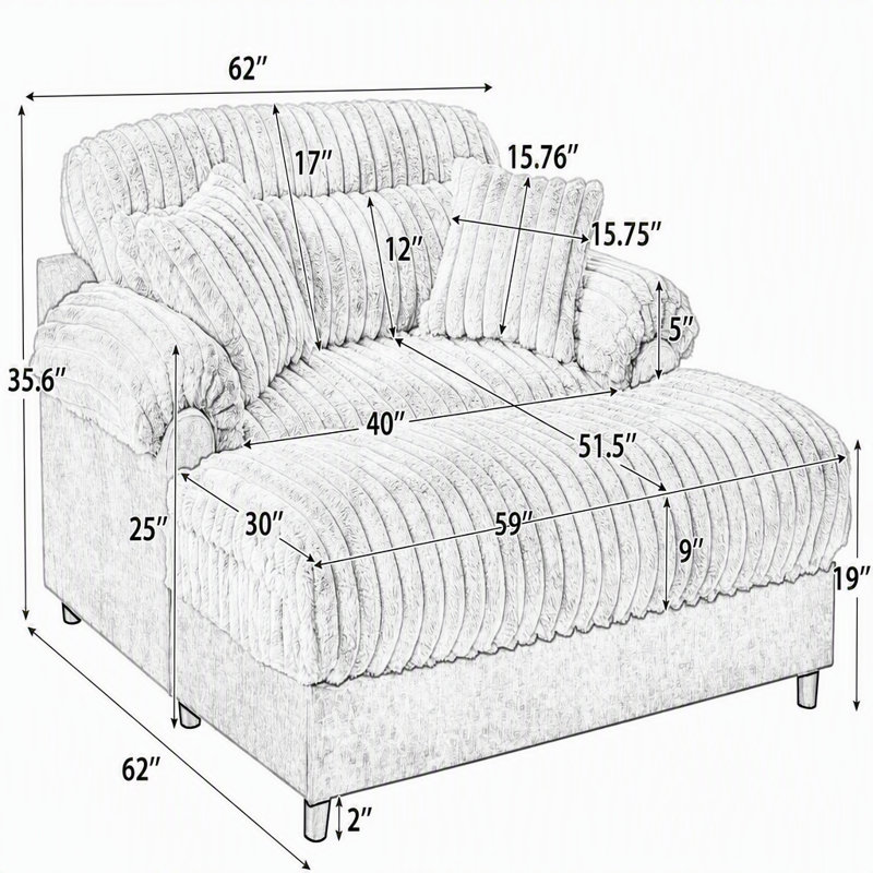 Canapé méridienne moderne de 62 pouces, modèle Cloud, revêtement en peluche confortable avec deux coussins décoratifs pour le salon