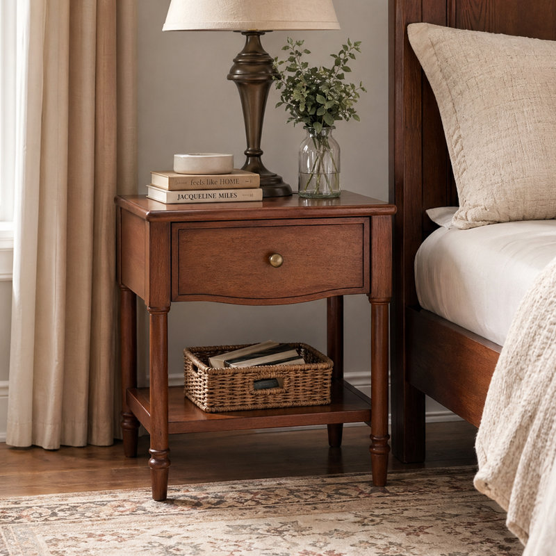 Nightstand, 100% Solid Wood Bedside Table with Drawer & Open Shelf, Fully Assembled Traditional Farmhouse End Table for Bedroom, 19.7" H Walnut Brown Night Stand