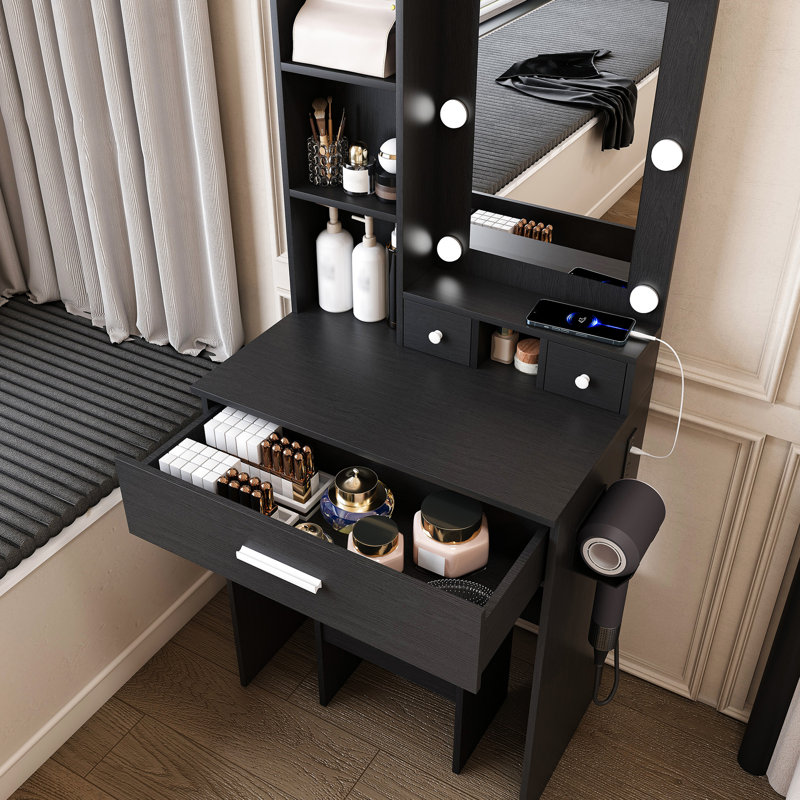 Table de coiffeuse avec miroir, lumières à DEL réglables, prise de courant, support pour sèche-cheveux et tabouret en noir - conception américaine pour la chambre à coucher, espaces compacts idéaux, + douille en verre