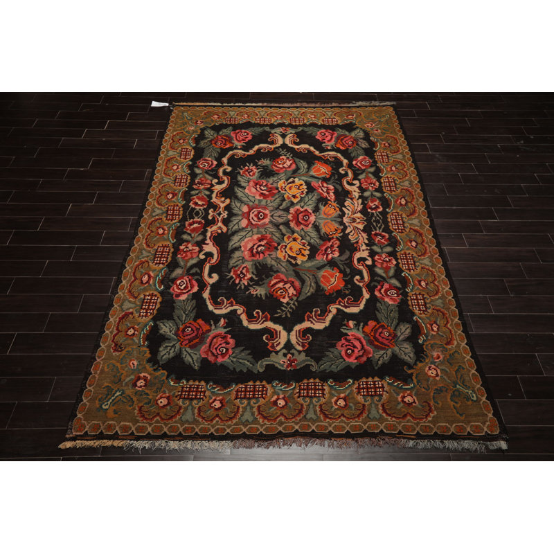 Tapis botanique gris anthracite en laine tissé à la main 6 pi 9 po x 10 pi 11 po