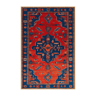 Tapis rouge Tabriz lavable à la machine