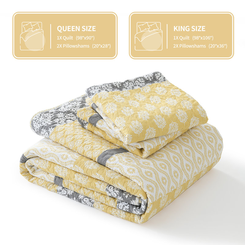 King Size White and Yellow Cotton Reversible Quilt Set