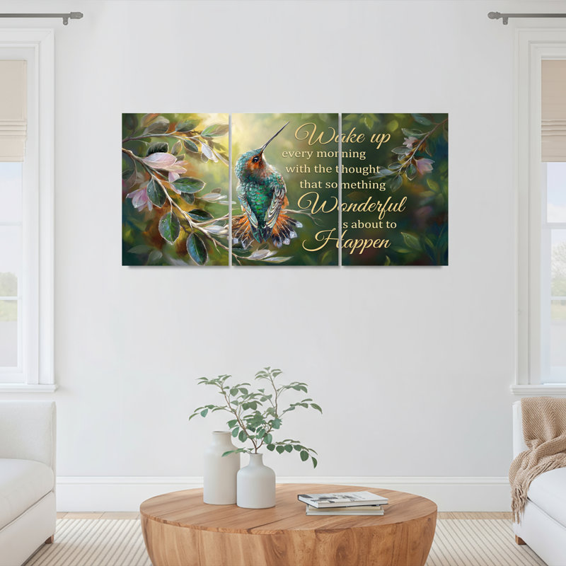 Ensemble de 3 tableaux sur toile tendue représentant un colibri et des fleurs, pour la décoration du salon et de la chambre à coucher.