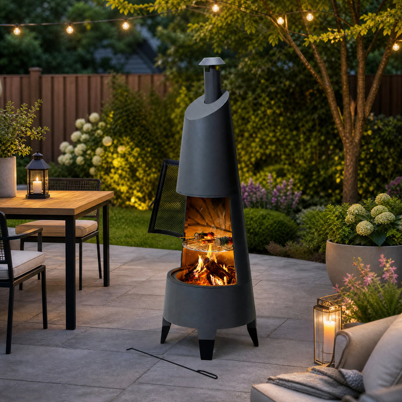 SUNJOY 57 Inch 2-in-1 Chiminea Fire Pit & Grill - Grey Metal Outdoor Chiminea with Removable Stainless Steel Grill Grate, PVC Cover, and Mesh Safety Screen Door