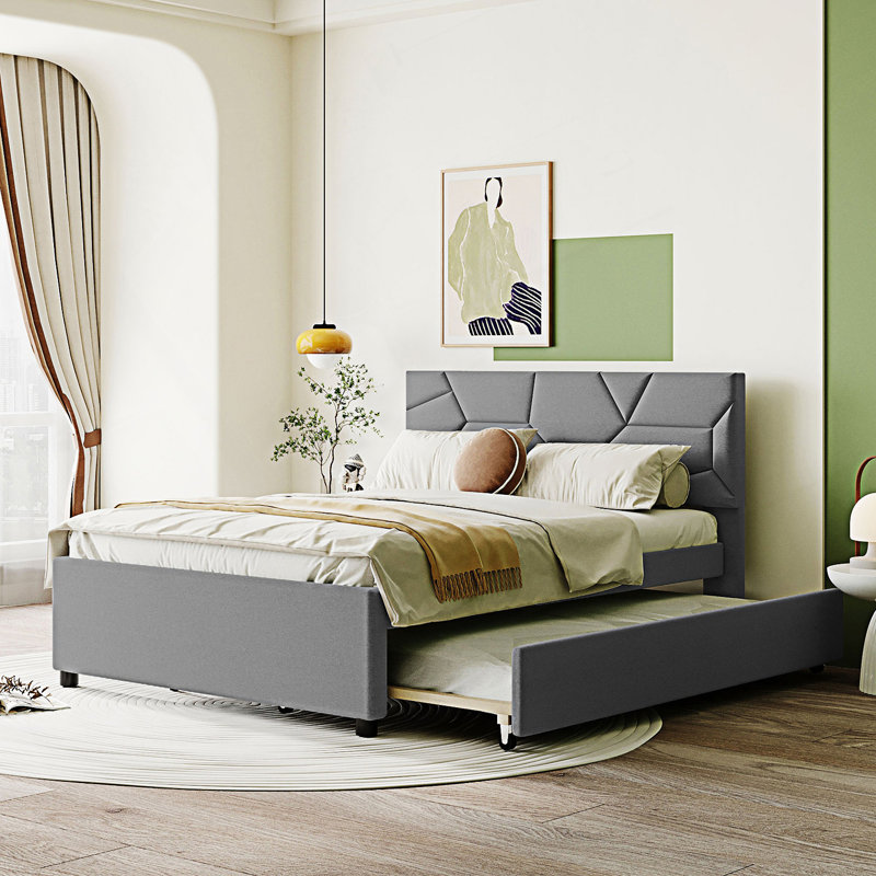 Jafrin Upholstered Platform Bed with Brick Pattern Headboard and Trundle, Full / Double, Gray