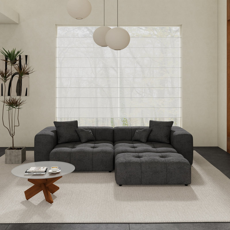 Kay Crumley 3-Piece Upholstered Modern Linen Fabric Modular Loveseat Sofa With Ottoman, Black
