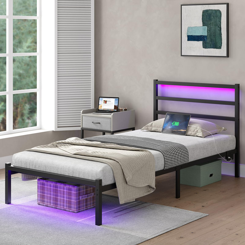Bed Frame with Headboard, Metal Platform Bed Frame with LED, Charging Station, No Box Spring Needed, Easy Assembly, Noise Free