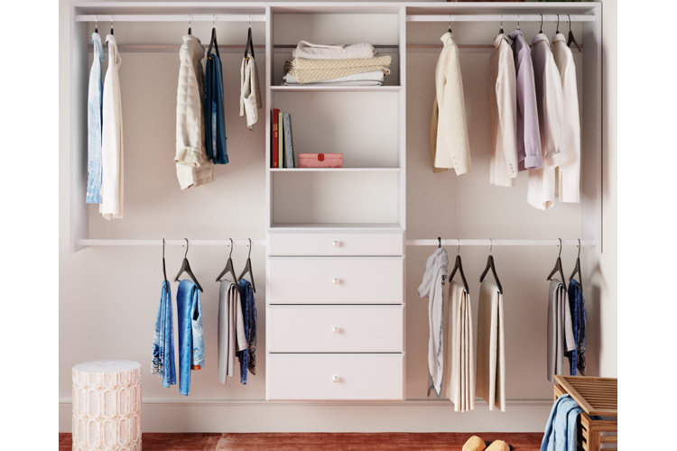 A white wall-mounted closet system with two-tiered clothing racks separated by a central drawer and shelving unit.