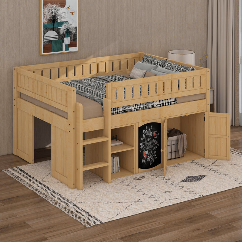 Lit mezzanine double avec armoire de rangement et tableau noir, Naturel