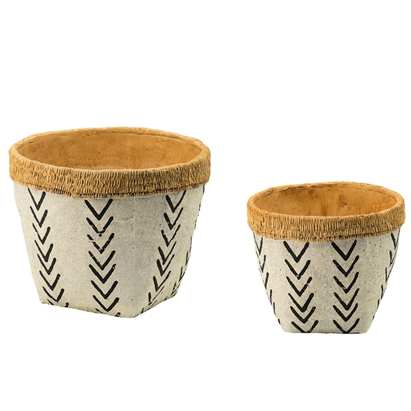 Paire de jardinières en ciment blanches et brunes avec un motif en V noir audacieux, L: 10 x 8 po, S: 8 x 6,5 po - idéal pour les aménagements floraux modernes scandinaves 2 conçus avec design, rehaussez vos espaces