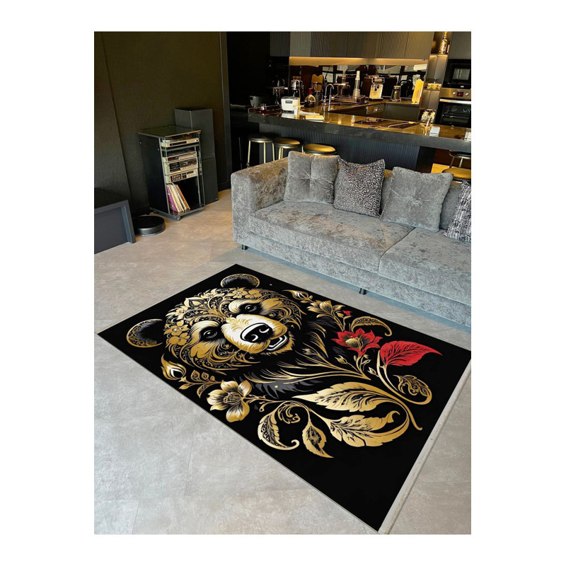 Tapis décoratif moderne noir et jaune à motif d'ours tissé, Sous-tapis rectangulaire 3 pi 11 po x 5 pi 11 po i