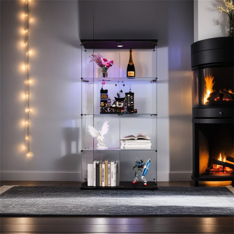 Armoire éclairée à deux portes en verre noir pour présentoir - H 64,47 po x l 31,1 po x l 14,3 po, 4 tablettes avec lumières et 12 réglages de couleurs par télécommande, bois massif trempé, coffre-fort, verrou de sécurité, capacité de poids de 15 lb