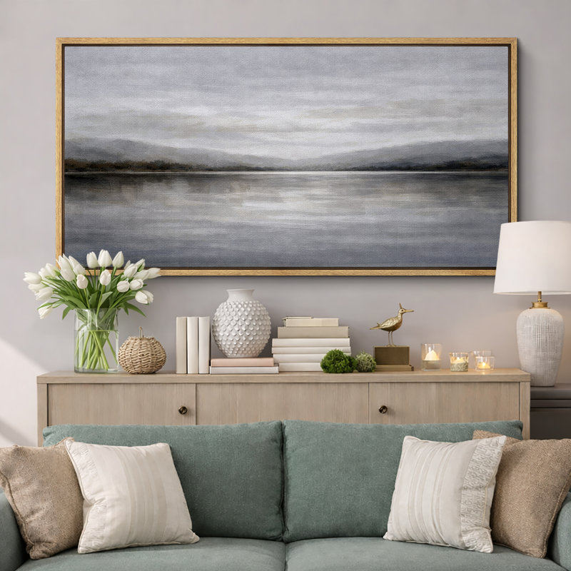 «Calm Lake Mountain Landscape», art de chambre moderne, impression sur toile encadrée, H 30 po x l 60 po x P 1,5 po