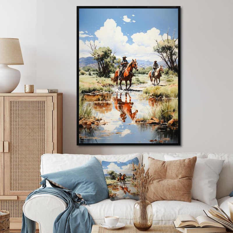 «Yeleina Cowboy Ranch Reflections Cowboys», reproduction sur toile, H 32 po x l 24 po x P 1 po, Cadre flottant noir