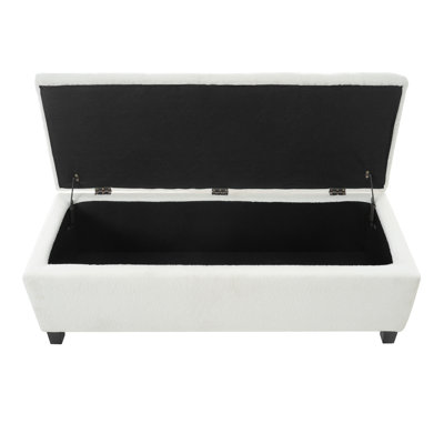 Ottoman Bench with Storage, White Boucle Surface, Rubber Wood Legs, 300 lbs Capacity