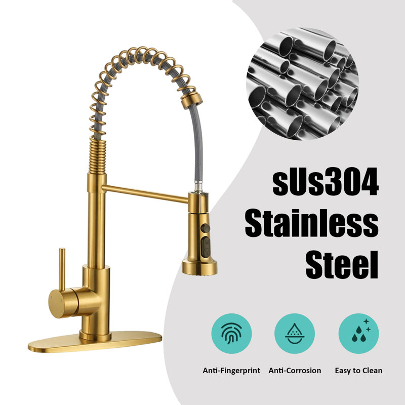Pull-Down Spray Kitchen Faucet, Stainless Steel Single Handle Spring Kitchen Faucet With 3 Functions, Suitable For 1 Or 3 Holes, With Deck.