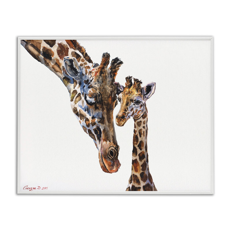 Ringler, joli bébé girafe, famille, aquarelle, peinture murale, enfants, Giclée encadrée blanc bord de mer, H 16 po x l 20 po