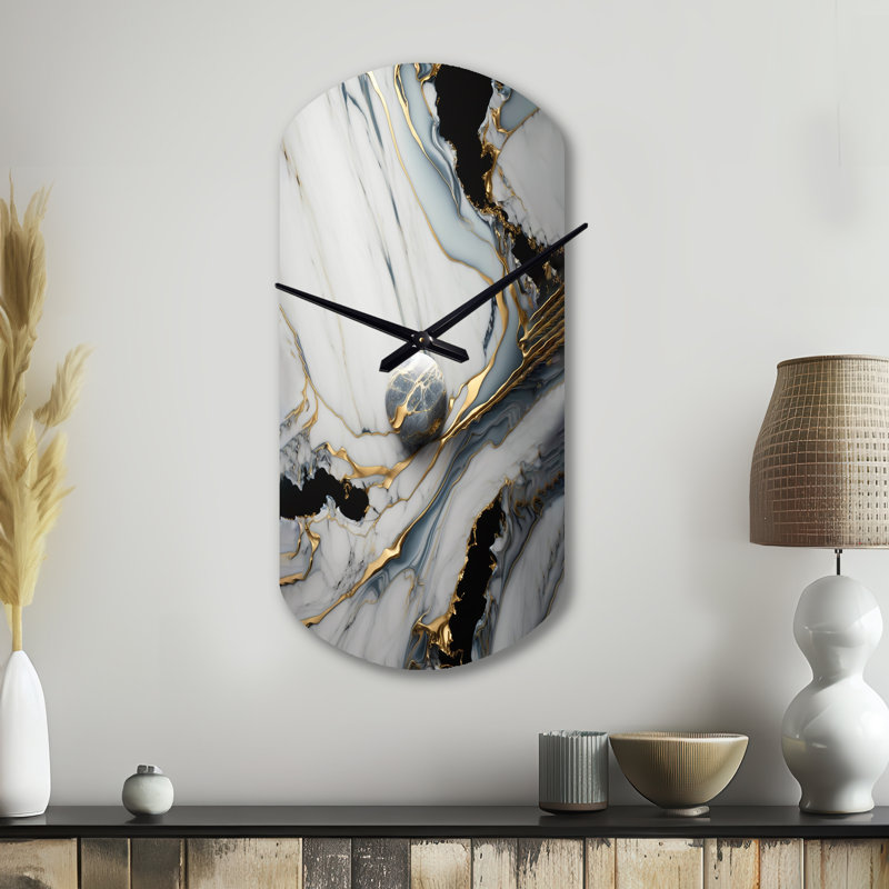 Horloge murale abstraite géométrique en marbre doré et blanc III - horloge murale asymétrique en métal blanc, Grand