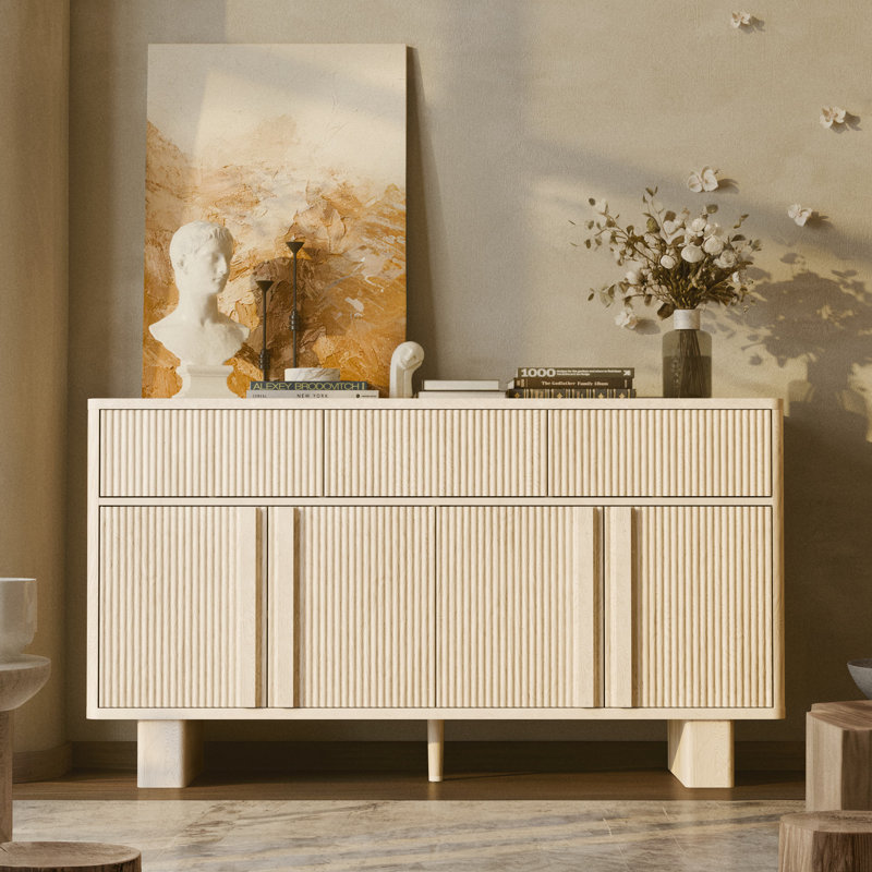 Fluted Buffet Cabinet with 3 Doors & 3 Drawers, 47” Wide Modern Sideboard with Faux Marble Top, Rounded Corners, Storage for Dining Room, Living Room, Hallway