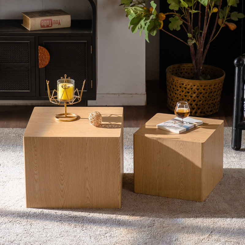 Ensemble de 2 tables basses gigognes cubiques avec base robuste, Naturel
