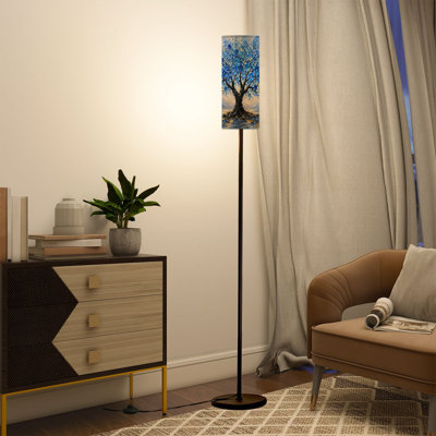 Modern Tall Floor Lamp with Remote Control Dimmable LED, Adjustable Lampshade Blue Blossom Tree for Living Room Bedroom Office
