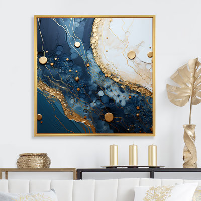 Art à l'encre marbrée dorée et bleue IV - Art abstrait à l'encre liquide sur toile