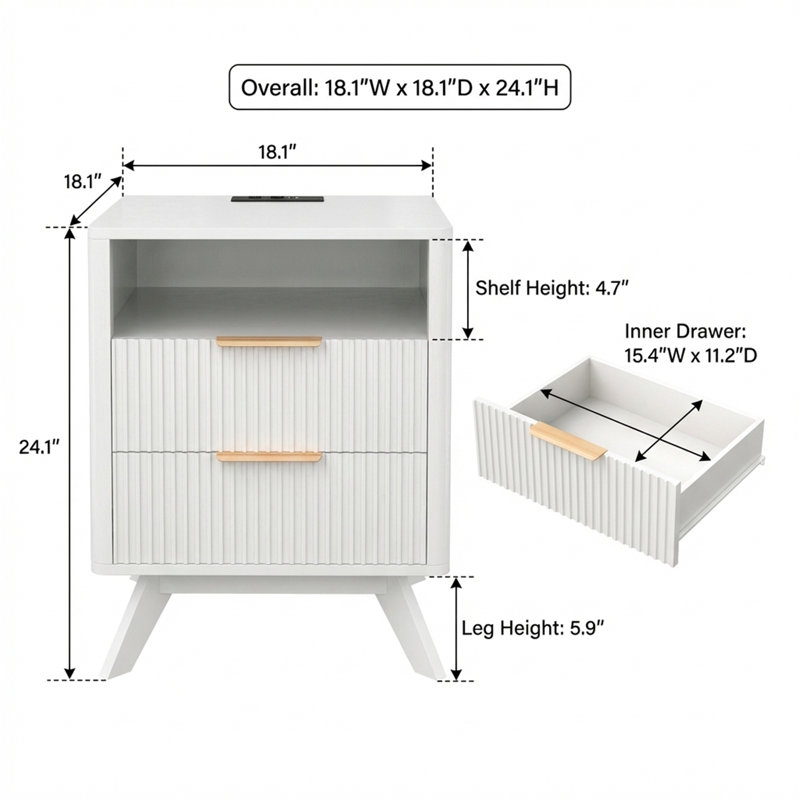 Modern Fluted Nightstand with Charging Station, White