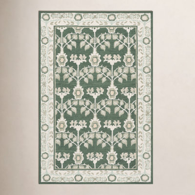 Green Ivory Hand-Tufted Floral Wool Rug