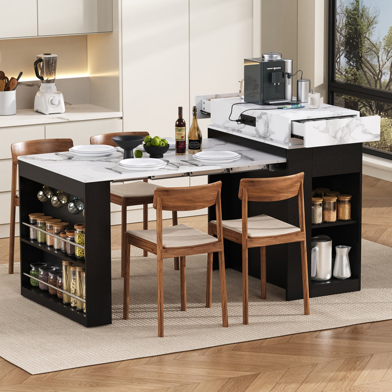  Tablette de rangement extensible pour îlot de cuisine sur roulettes, table de bar avec prises de courant, noir et blanc