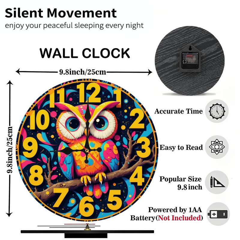 Colorful Owl Wall Clock Decor for Living Room