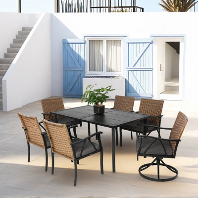 Ensemble de salle à manger 7 pièces pour patio, ensemble de meubles en osier pour terrasse de jardin avec 2 coussins pivotants, 4 coussins, plateau de table, coussins amovibles