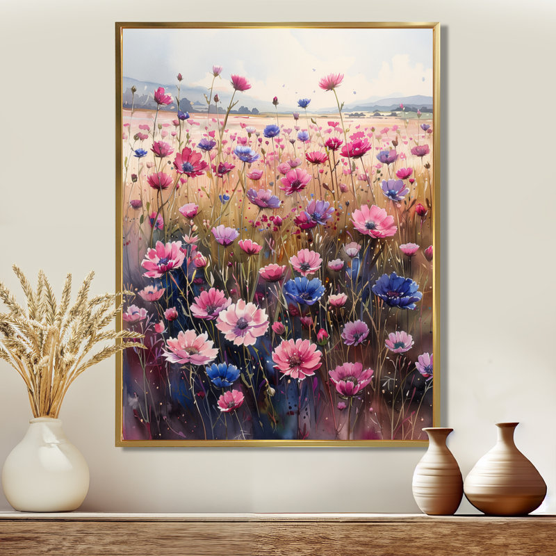 «Blue Blue Spring Cornflowers Field IV» - impression d'art mural bleuets, Toile avec cadre flottant noir