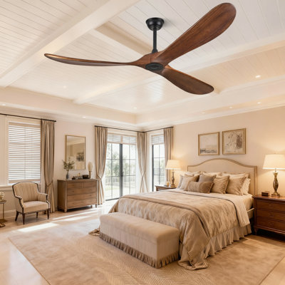 Ventilateur de plafond moderne à 3 pales de 70 po (sans lumière) - Ventilateurs de plafond en bois de noyer massif, moteur à courant continu silencieux et télécommande standard | Utilisation intérieure / extérieure pour les espaces de patio, de bord de mer et de ferme