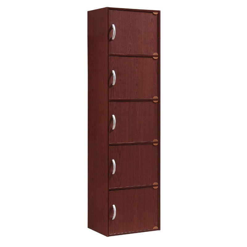 5-Doors, 5-Shelf Bookcase 59 in. Tall Enclosed Storage 5-Tier Bookshelf for Home or Office, Mahogany