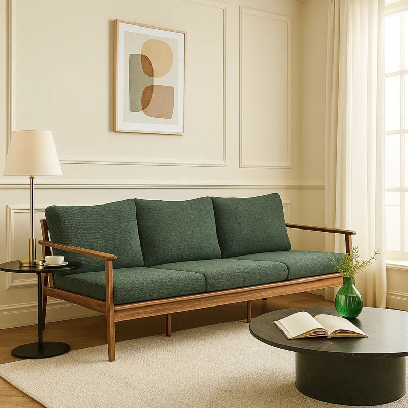 Anya Outdoor Sofa, Natural Brown Wood, Moss Green Cushions, 89 Inch, Moss Green