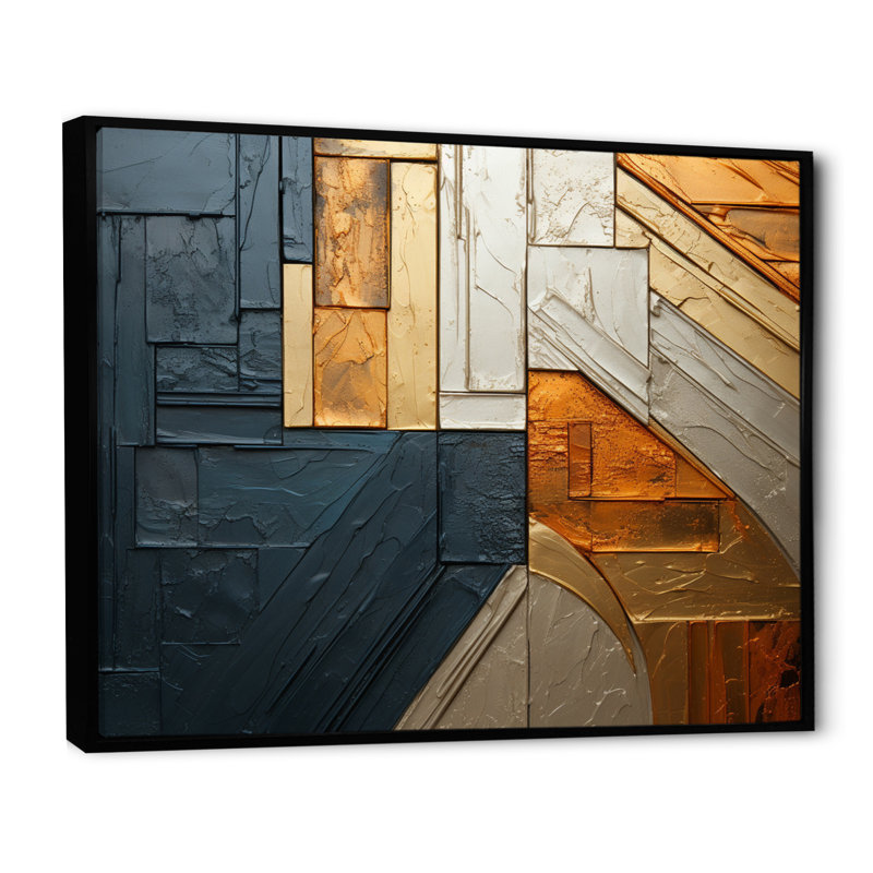 " Gold Grey Gleaming Geometry II ", 16" H x 32" W x 1" D, Black Floater Framed