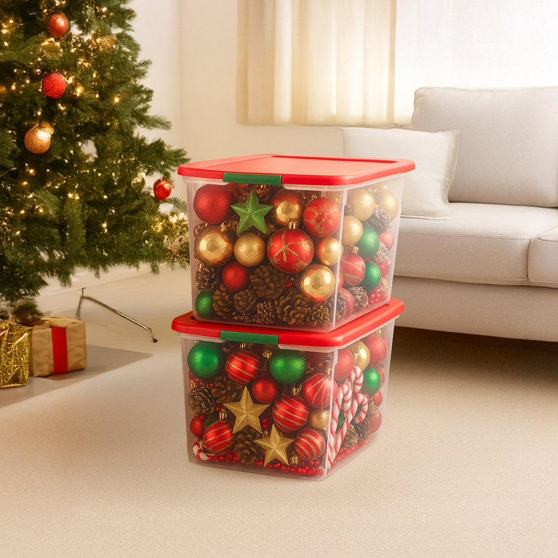 Homz Holiday Seasonal Decor Plastic Storage Bin with Latching Lid, 2