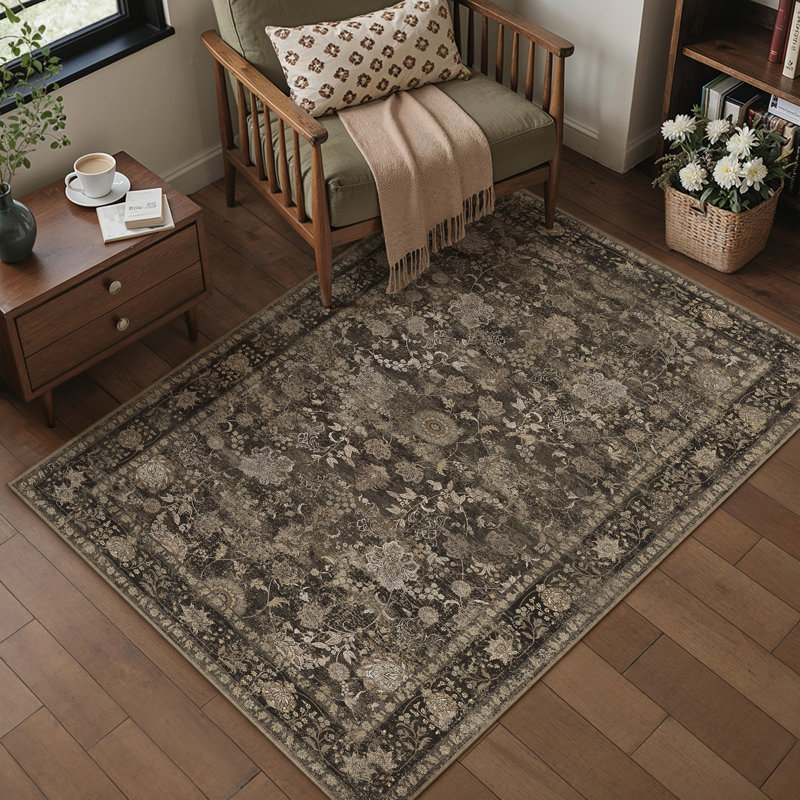 Tapis oriental brun rétro Patty avec envers antidérapant, Brown, 0.35", Rectangulaire 3 pi x 5 pi