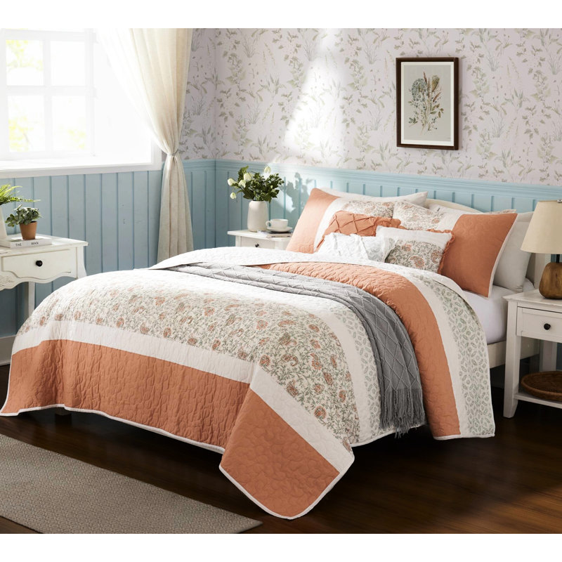 Courtepointe 6 pièces en corail réversible, double / grand, couleur coton avec coussins décoratifs, pour chambre à coucher