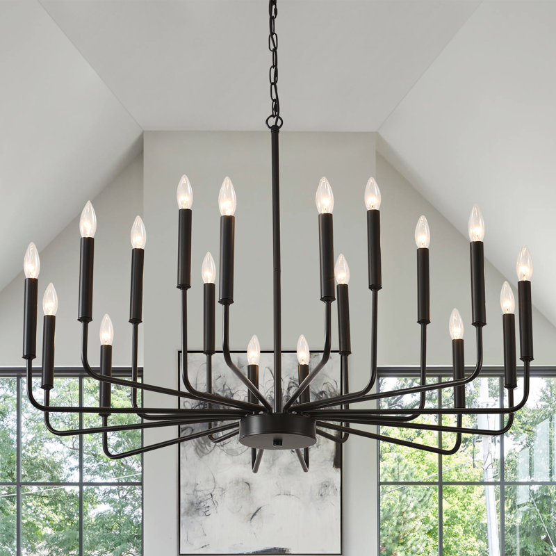 Black Metal Chandelier For Dining Room Light Fixtures, 18-Light Modern Farmhouse Candle Hanging Pendant Light For Living Room Entryway Foyer Bedroom