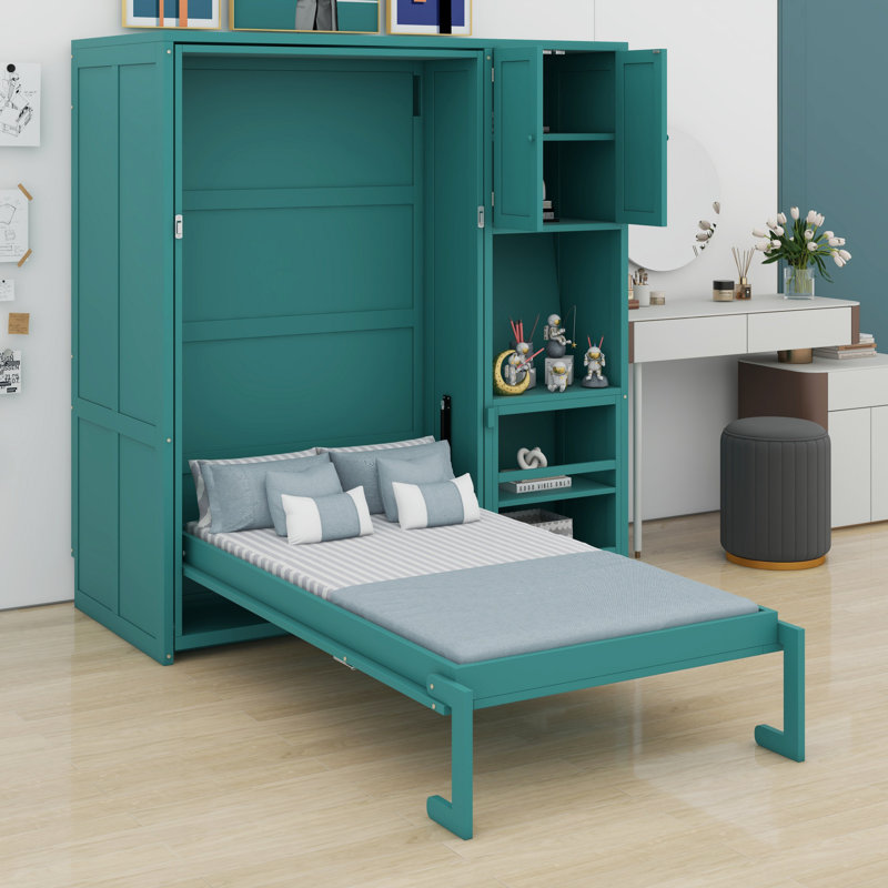 Lit escamotable avec bibliothèque, armoire à hauteur de plafond, bureau et compartiments latéraux dissimulés, Sarcelle