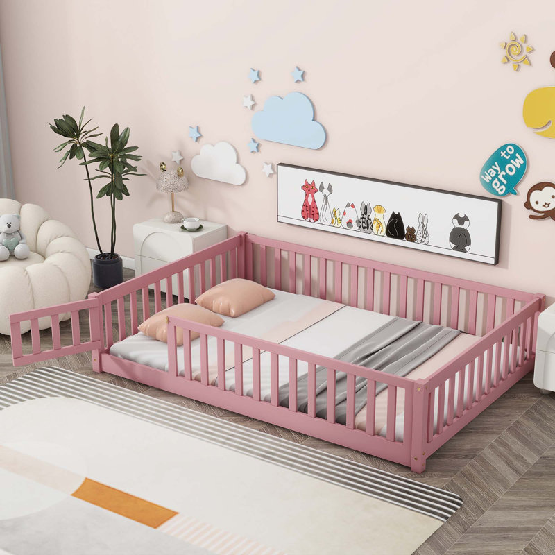 Finka Kids Floor Platforms Bed With Fence and Door, Full, Pink