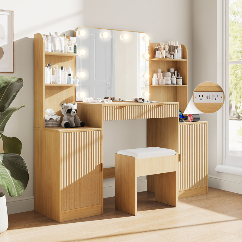 Grand bureau de meuble-lavabo avec miroir lumineux et prise de courant pour chambre à coucher l 58,2 po Turinel
