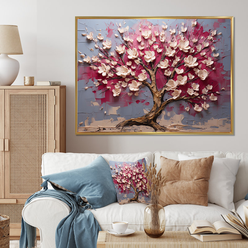 Orchidée rose et or jardin de branches V - art mural arbre, Cadre flottant doré, H 24 po x l 32 po x P 1 po