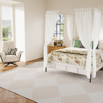 Simple Fresh Square Pattern Non-Slip Bottom Cotton Fabric Soft Pink Carpet Fringed Area Rug