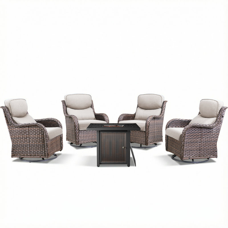 Ensemble de conversation d'extérieur pivotant en osier 4 personnes avec table carrée en métal Simino, Beige, Brun