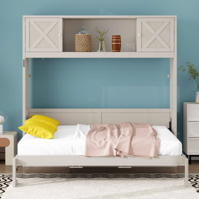Lit armoire pleine grandeur avec tablette de rangement et armoires, commode escamotable escamotable horizontale escamotable