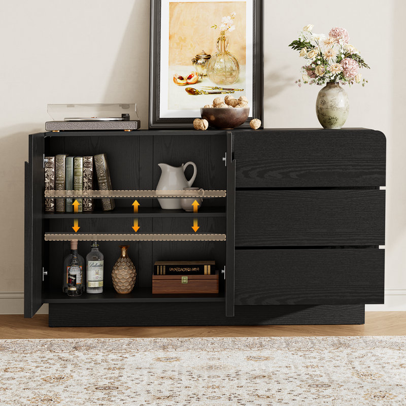 55" Sideboard With Adjustable Shelf & 3 Drawers, Black